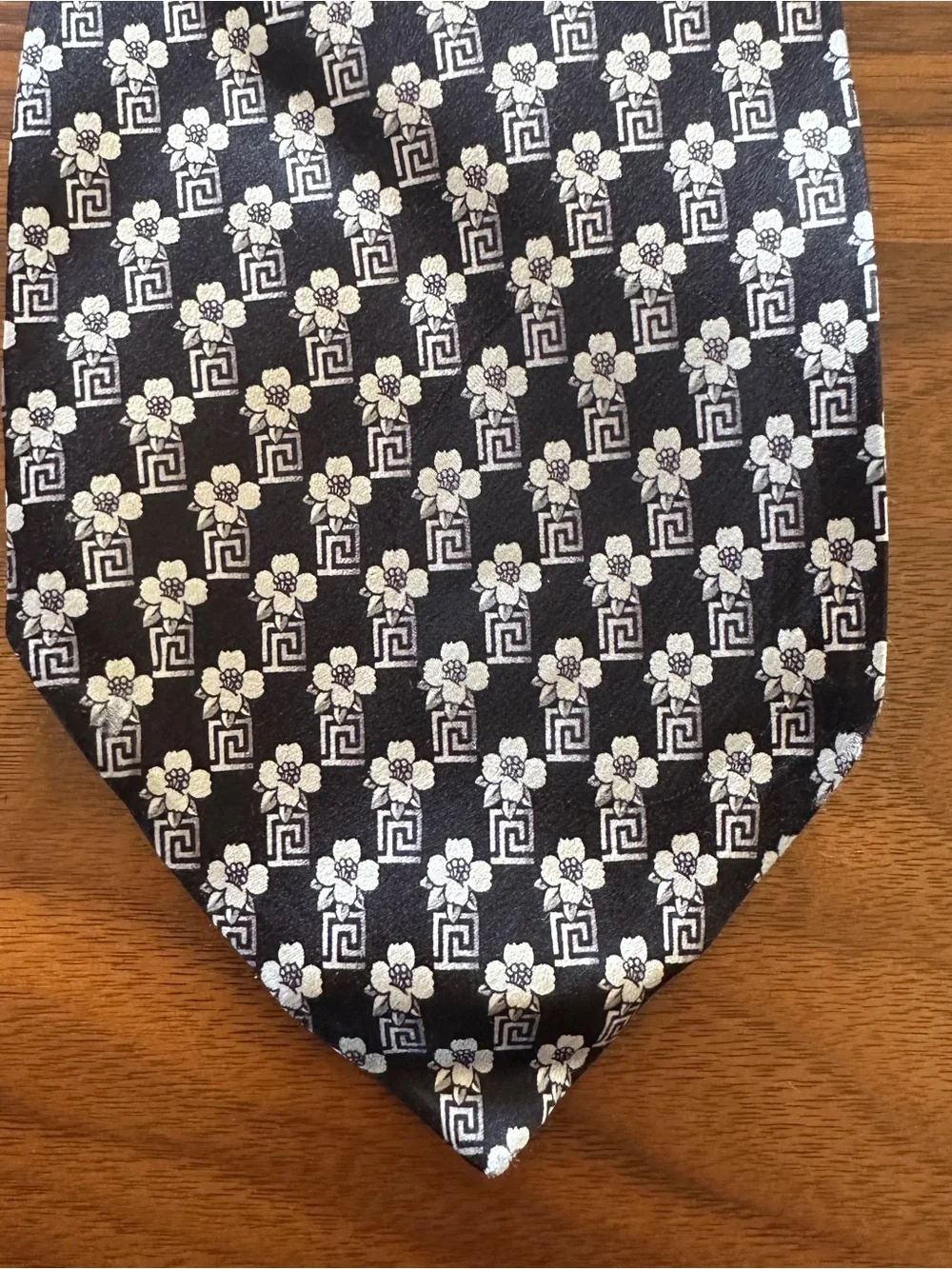 Versace Black & White Greek Key and Floral Silk Tie